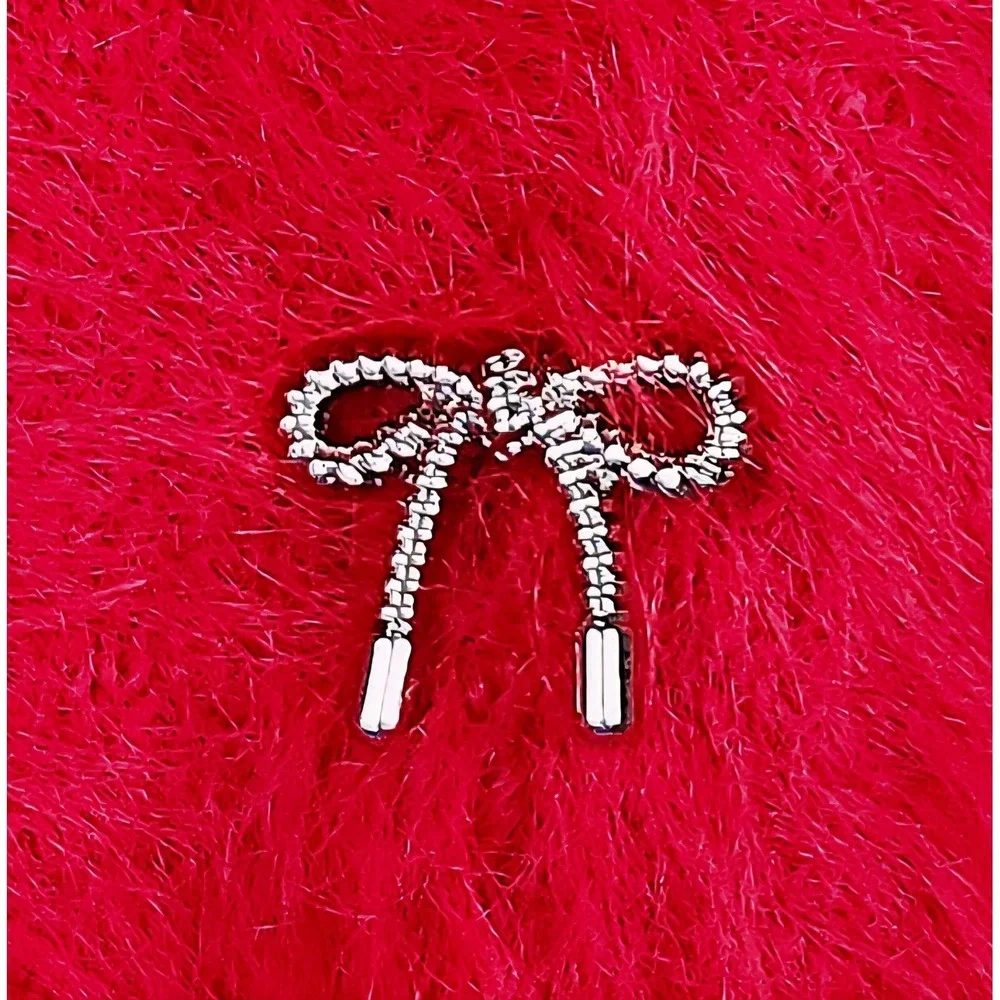 Jacquie The Label Fuzzy Cropped Cardigan M Red Rhinestone Bow Coquette Holiday